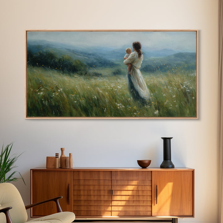 Mother Holding Baby In Misty Meadow Wall Art, Impressionist Landscape Painting, Serene Nursery Decor, Gift For Mom, Home Decor
