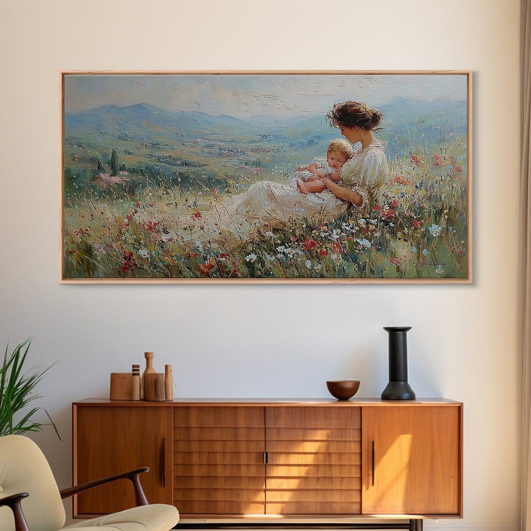 Mother And Infant In Flower Meadow Wall Art, Impressionist Landscape Canvas Print, Feminine Nursery Decor, Gift For Mom, Home Decor