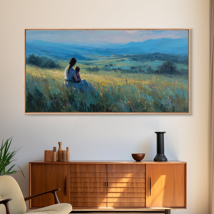 Mother And Child Over Blue Valley Wall Art, Peaceful Landscape Painting, Impressionist Canvas Print, Living Room Decor, Home Decor