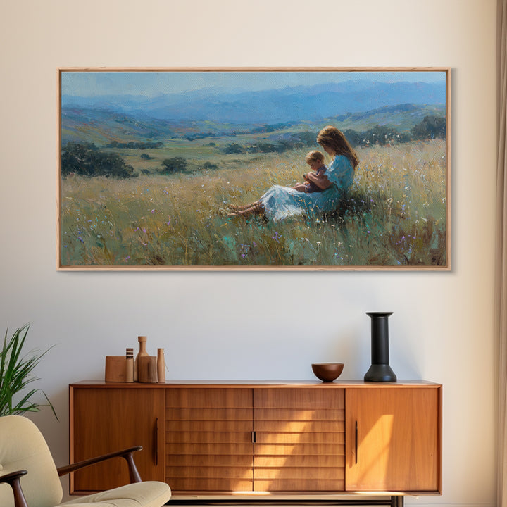 Mother And Baby In Golden Meadow Wall Art, Impressionist Mountain Landscape Canvas Print, Nursery Decor, Housewarming Gift