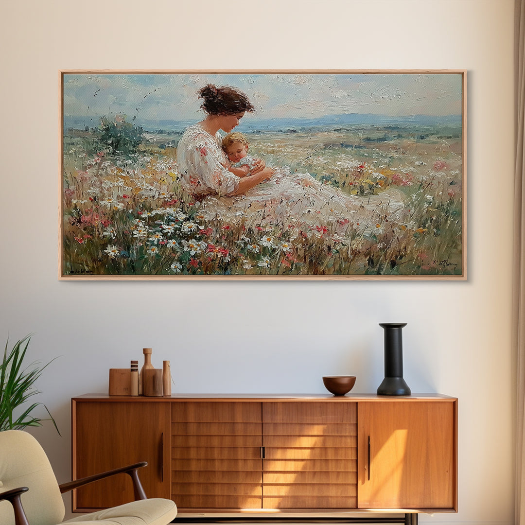 Mother Cuddling Baby In Daisy Meadow Wall Art, Textured Impressionist Canvas Print, Feminine Nursery Decor, Gift For Her