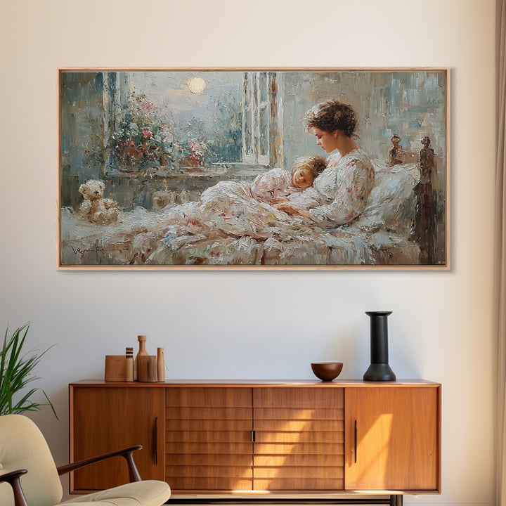 Mother And Child In Moonlit Bedroom Wall Art, Romantic Impressionist Canvas Print, Cozy Nursery Decor, Gift For Mom, Home Decor