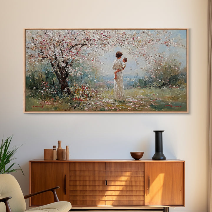 Mother And Baby Under Cherry Blossoms Wall Art, Spring Impressionist Landscape Canvas Print, Pink Floral Decor, Gift For Mom