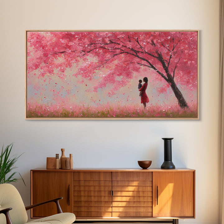 Mother And Baby Beneath Pink Cherry Tree Wall Art, Romantic Spring Landscape Canvas Print, Feminine Decor, Gift For Her, Home Decor