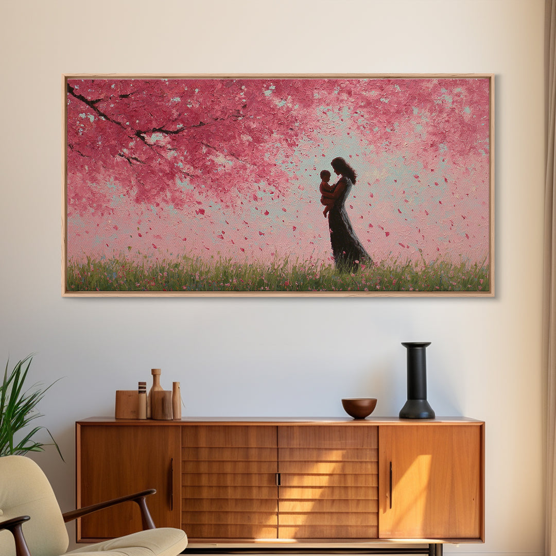 Mother And Child In Pink Blossom Rain Wall Art, Romantic Cherry Blossom Canvas Print, Feminine Bedroom Decor, Gift For Mom