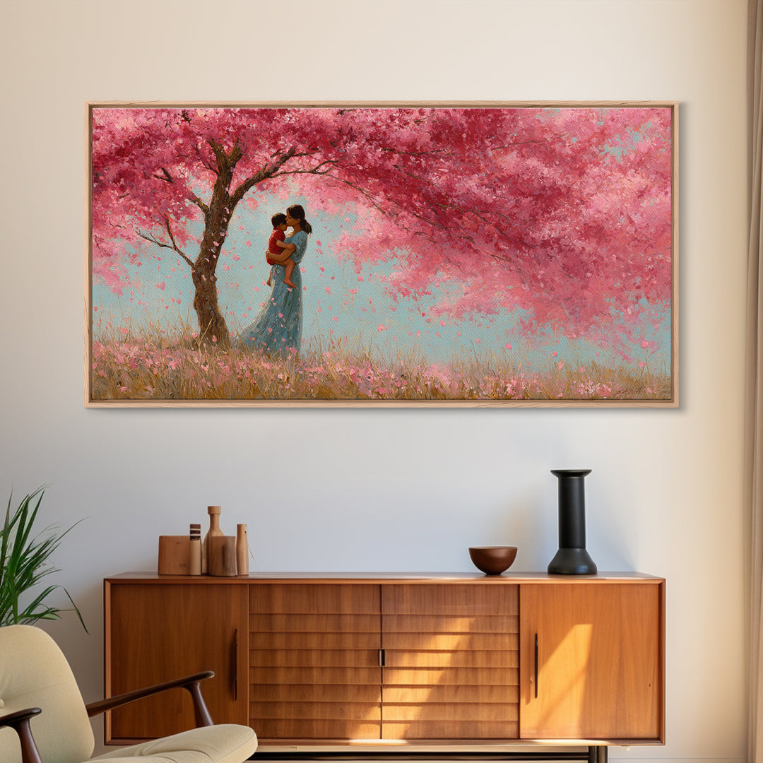 Black Mother And Baby Under Pink Blossoms Wall Art, Angelic Nursery Decor, Feminine Bedroom Print, Gift For Mom, Living Room Decor