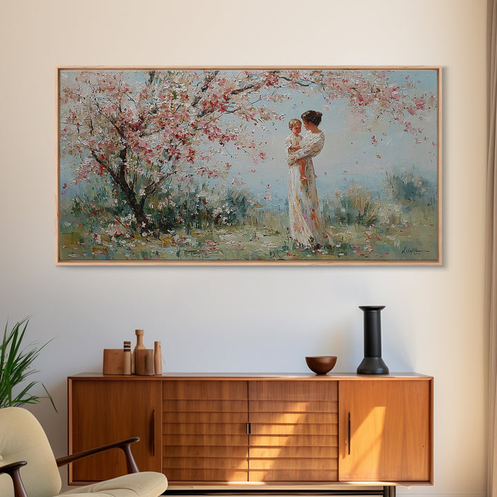 Impressionist Mother Holding Baby Framed Canvas Print, Cherry Blossom Nursery Wall Art, Spring Home Decor, Gift For Her, Mom