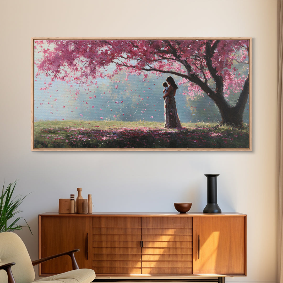 Mother And Child Beneath Pink Cherry Tree Canvas Print, Angelic Wall Art, Nursery Decor, Romantic Bedroom Art, Gift For Mom