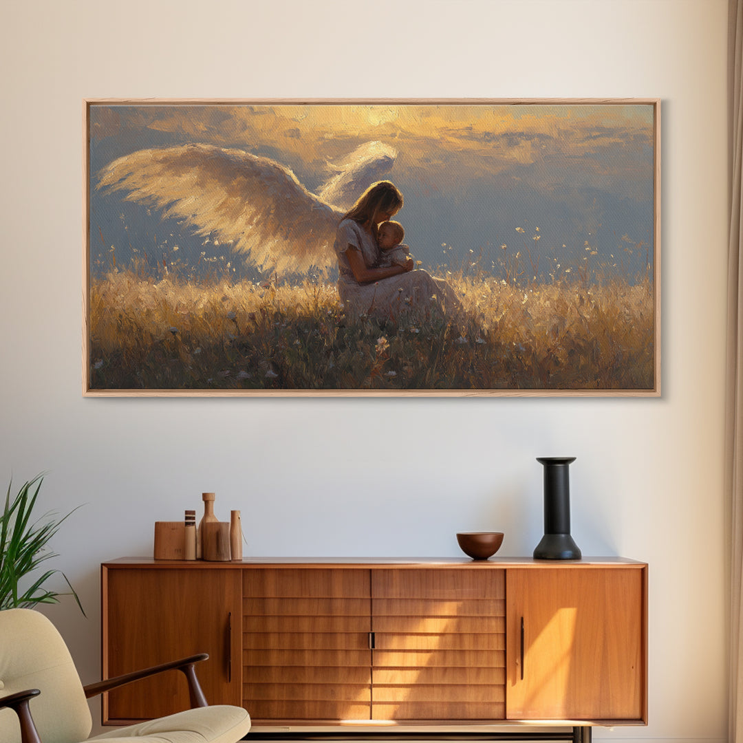 Golden Angel Mother Cuddling Baby Wall Art, Spiritual Canvas Print, Christian Nursery Decor, Calming Bedroom Art, Gift For Mom