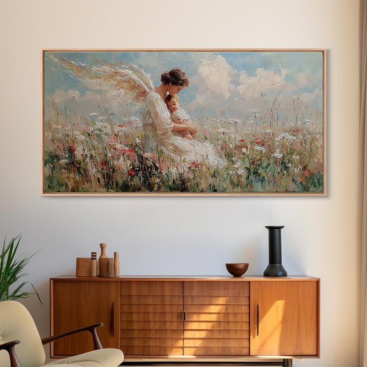 Angel Mother Nursing Baby In Wildflower Meadow Framed Canvas Print, Christian Wall Art, Nursery Decor, Gift For New Mom, Baby Shower Gift