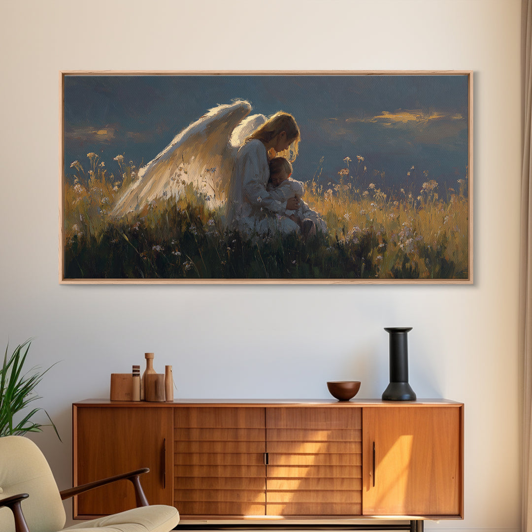 Moody Guardian Angel Holding Child Wall Art, Spiritual Framed Canvas Print, Christian Bedroom Decor, Sympathy Gift For Mom