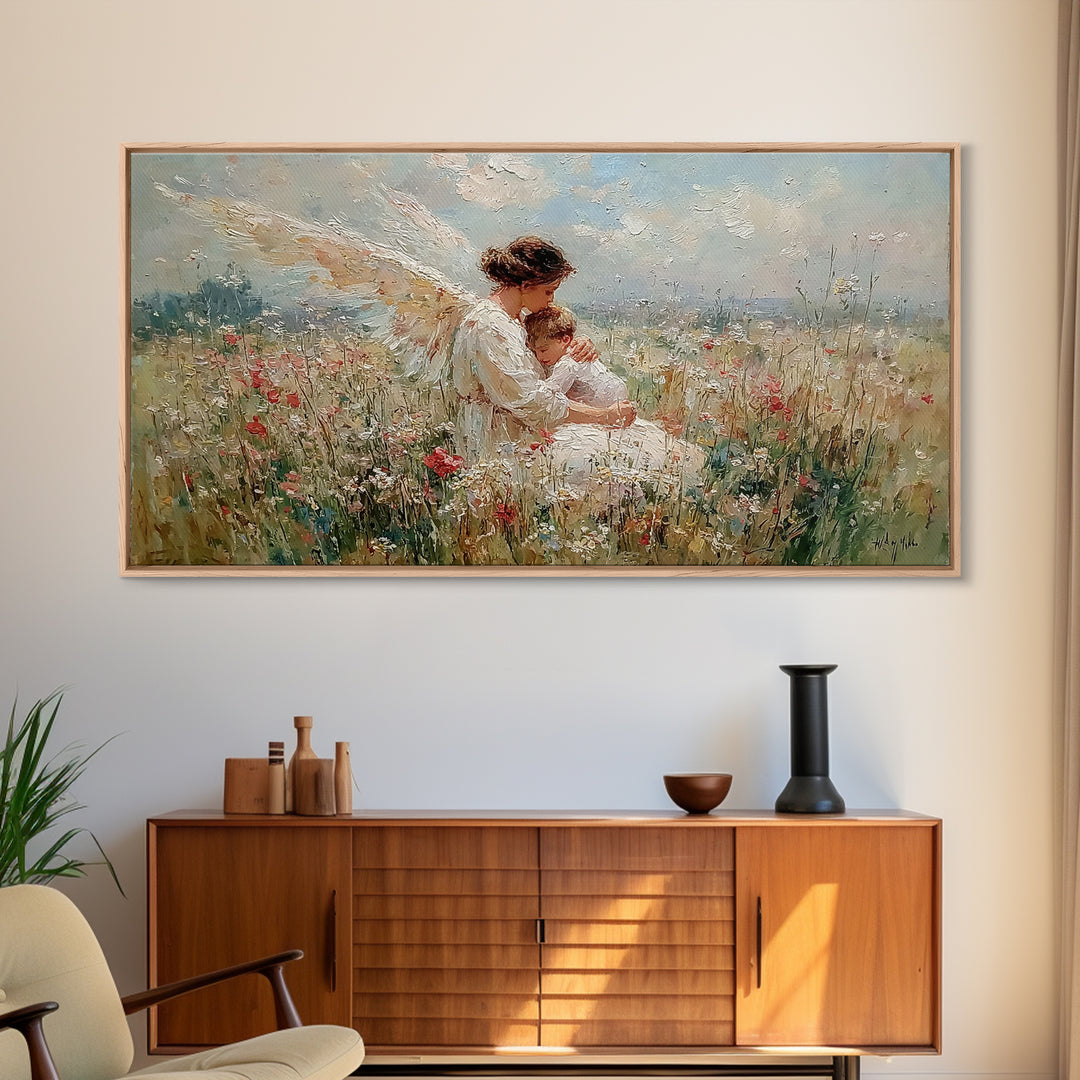 Angel Mother And Sleeping Baby In Meadow Canvas Print, Christian Wall Art, Wildflower Nursery Decor, Baby Shower Gift For New Mom