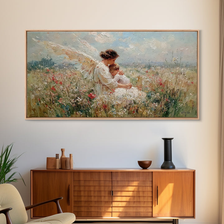 Angel Mother And Sleeping Baby In Meadow Canvas Print, Christian Wall Art, Wildflower Nursery Decor, Baby Shower Gift For New Mom