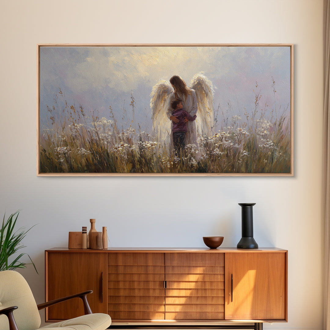Guardian Angel Embracing Young Boy Wall Art, Christian Framed Canvas Print, Spiritual Nursery Decor, Sympathy Gift For Him