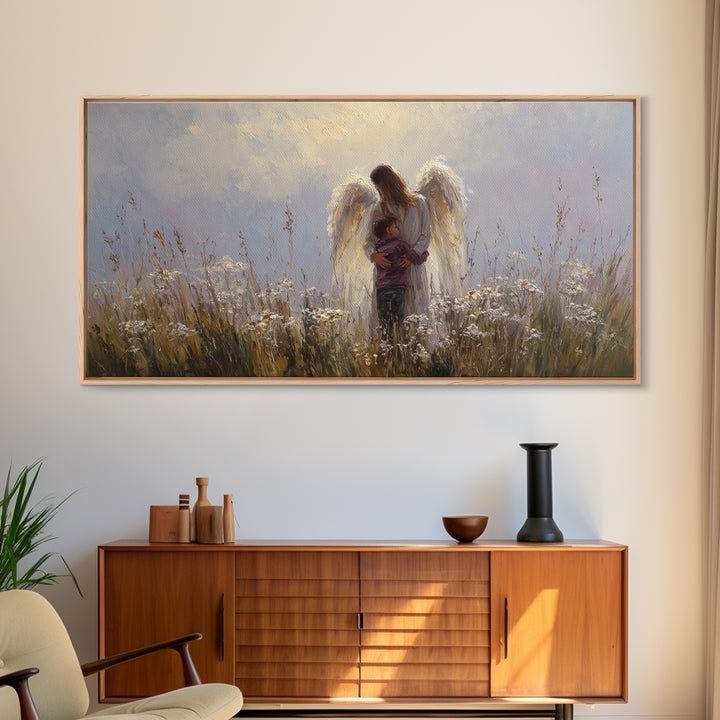 Guardian Angel Embracing Young Boy Wall Art, Christian Framed Canvas Print, Spiritual Nursery Decor, Sympathy Gift For Him
