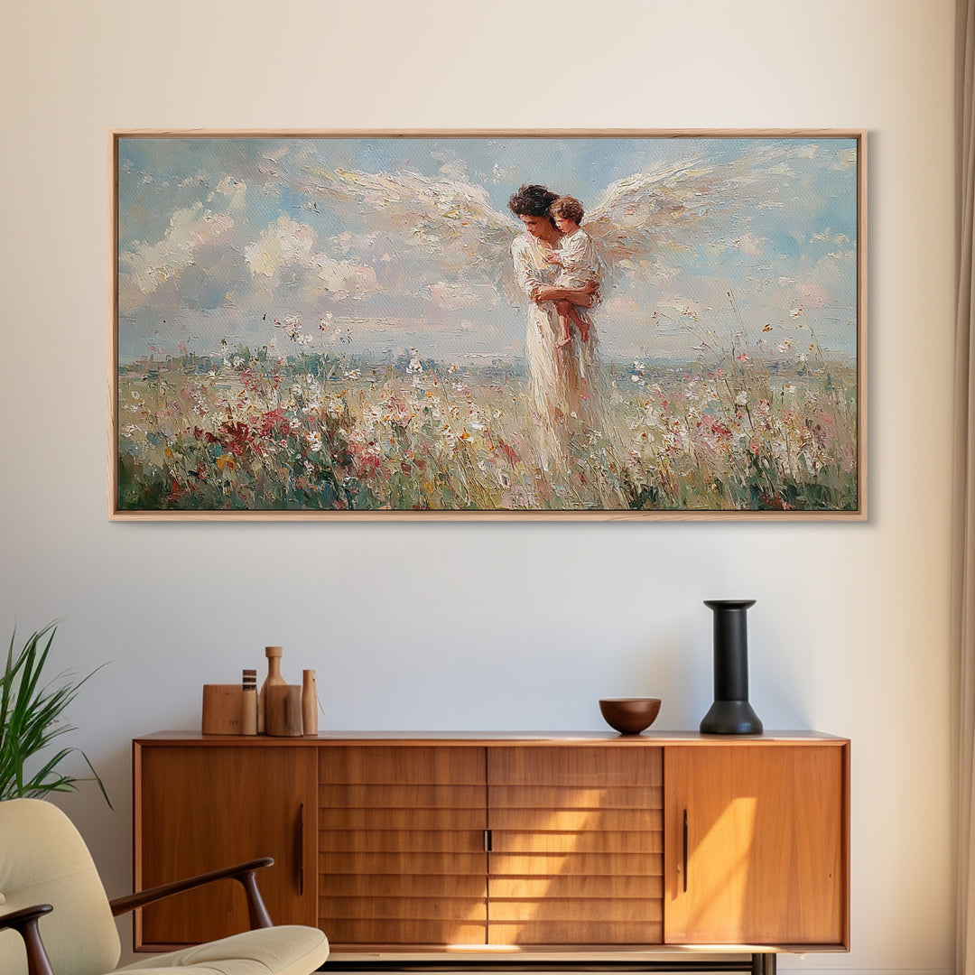 Angel Mother Holding Baby In Flower Meadow Canvas Print, Christian Wall Art, Heavenly Nursery Decor, Baby Shower Gift For New Mom