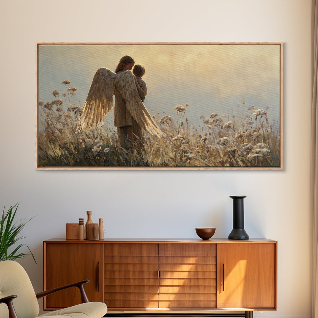 Guardian Angel And Child In Golden Meadow Framed Canvas Print, Christian Wall Art, Nursery Decor, Housewarming Gift, Above Bed Art