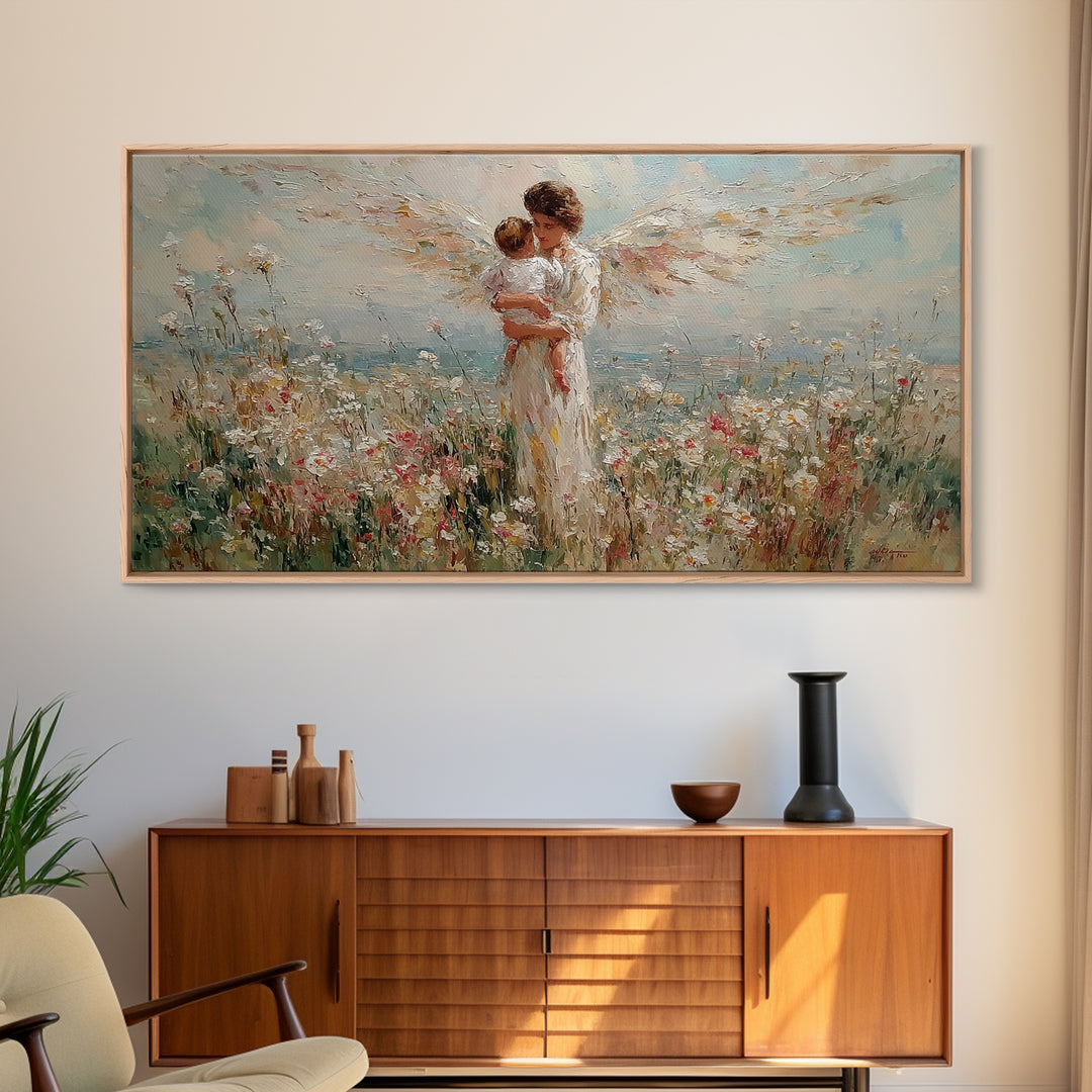Angel Mother Holding Baby In Wildflower Meadow Canvas Print, Christian Wall Art, Floral Wall Art, Nursery Decor, Gift For Her