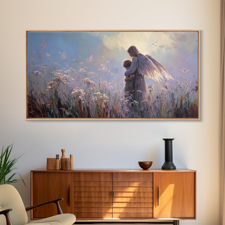 Luminous Guardian Angel With Child In Blue Meadow Canvas Print, Christian Wall Art, Nursery Wall Art, Calming Bedroom Decor