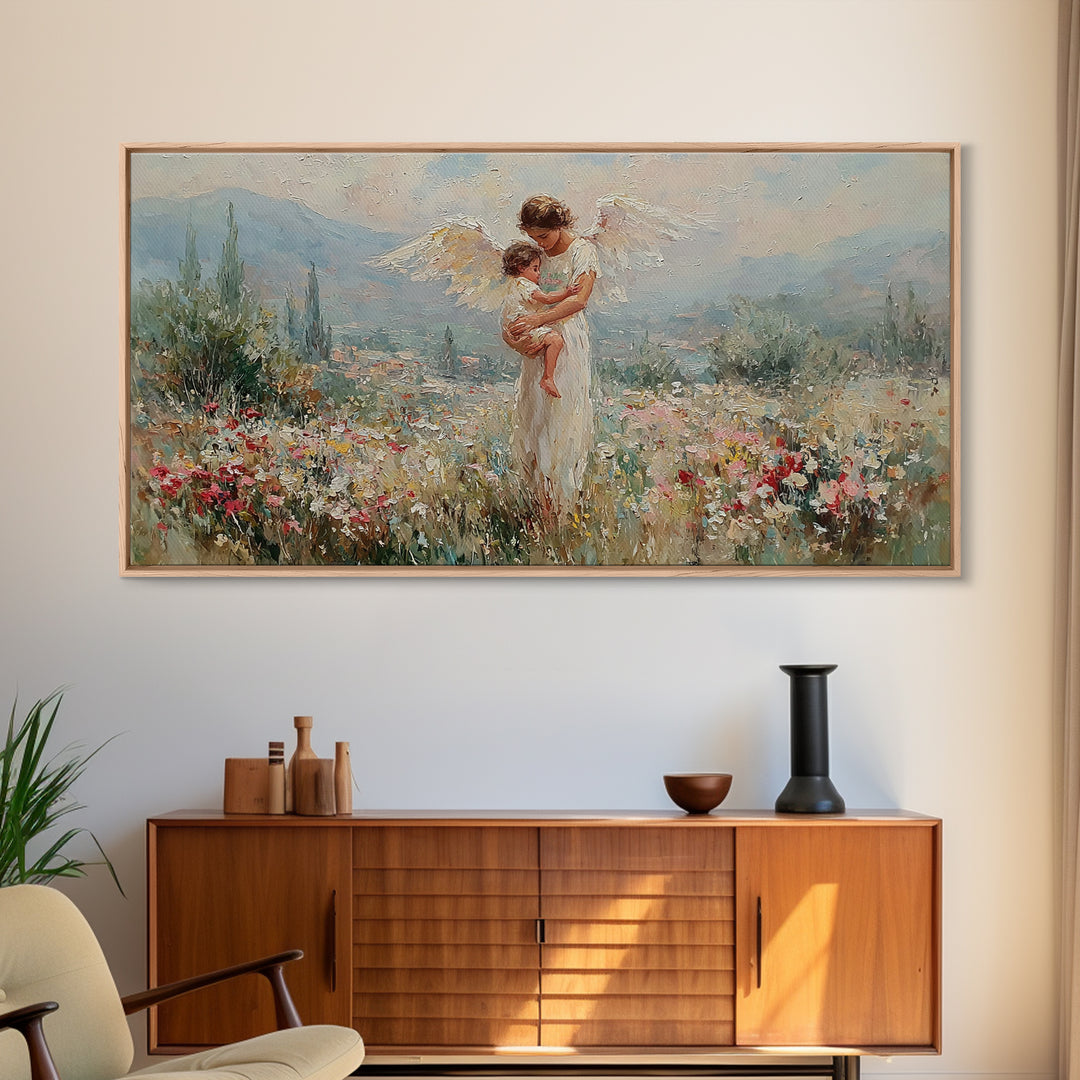 Angel And Baby In Mountain Wildflower Valley Framed Canvas Print, Christian Wall Art, Floral Wall Art, Living Room Decor