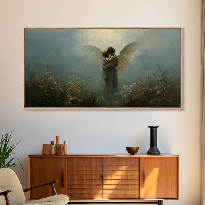 Moody Guardian Angel Embracing Child In Misty Garden Wall Art, Christian Wall Decor, Dark Academia, Housewarming Gift, Bedroom Wall Decor