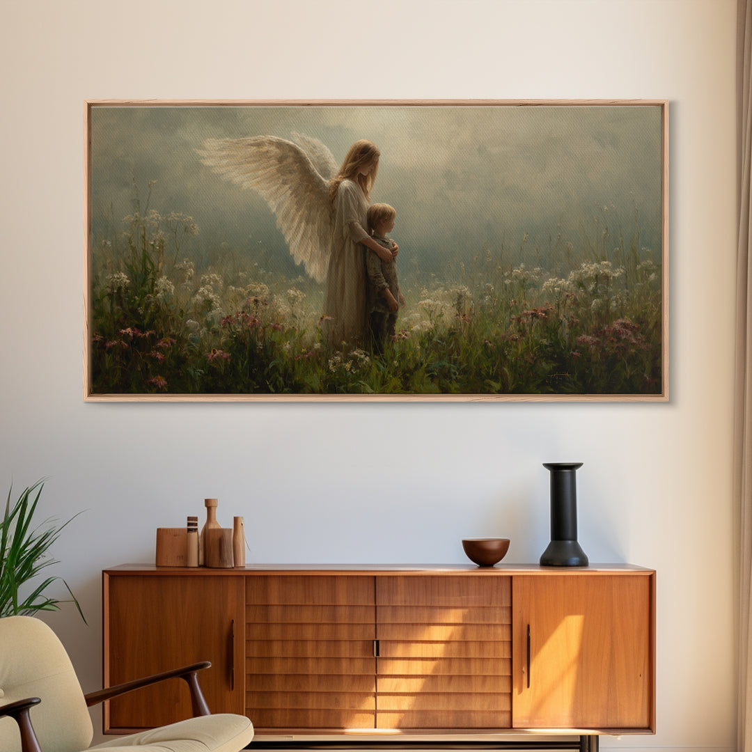 Soft Winged Angel And Child In Misty Meadow Canvas Print, Christian Wall Art, Neutral Wall Art, Nursery Decor, Gift For Mom