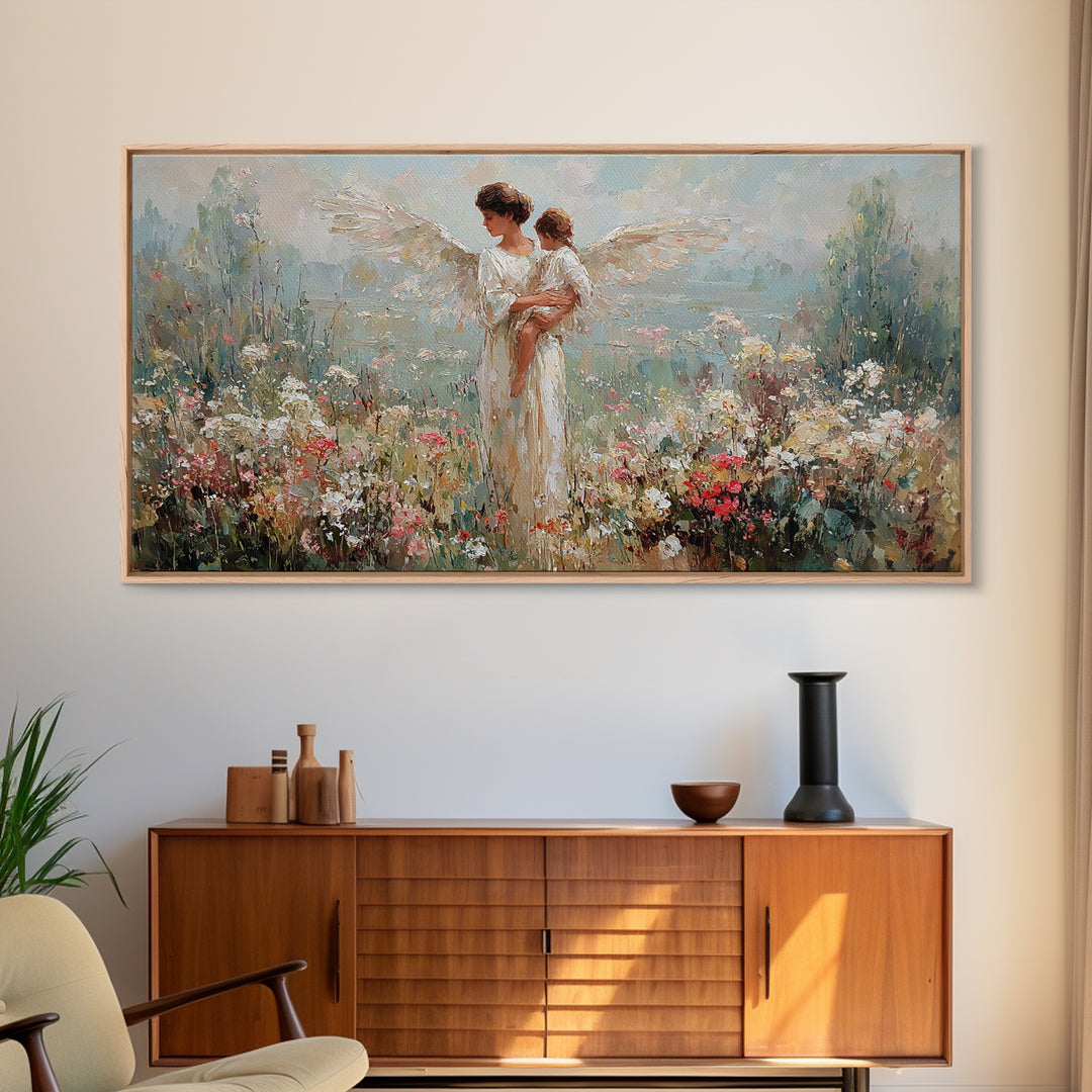 Angel Mother Holding Baby In Blooming Garden Framed Canvas Print, Christian Wall Art, Floral Wall Art, Nursery Decor, Gift For Her