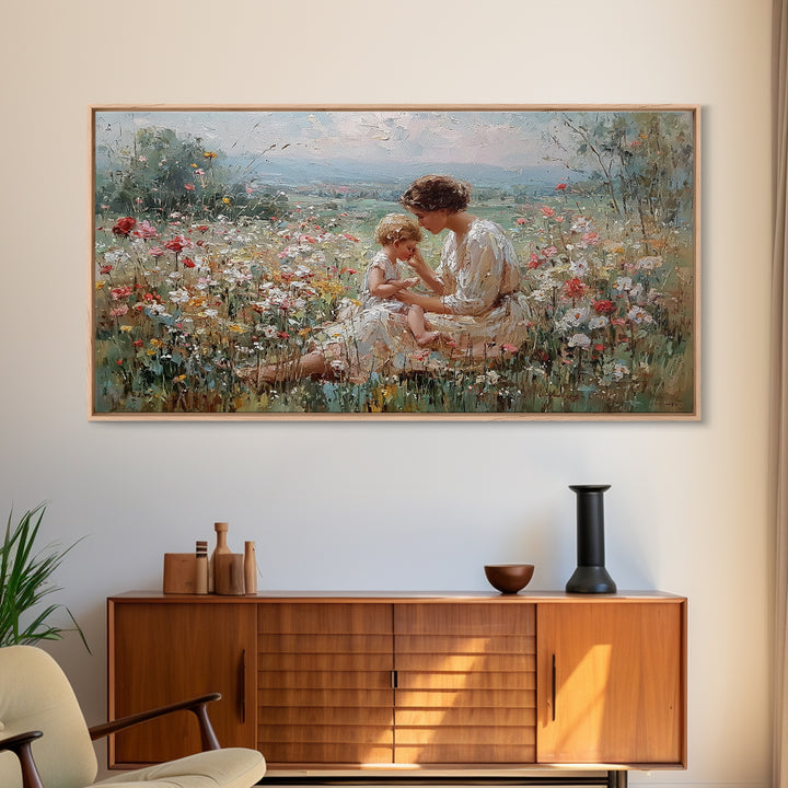 Mother And Baby In Flower Meadow Impressionist Canvas Print, Floral Wall Art, Christian Wall Art, Living Room Decor, Gift For Mom