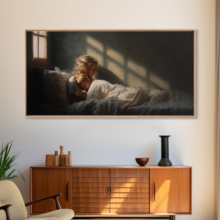 Children Sleeping With Teddy In Sunlit Bedroom Wall Art, Cozy Bedroom Decor, Dark Academia, Nursery Art, Housewarming Gift