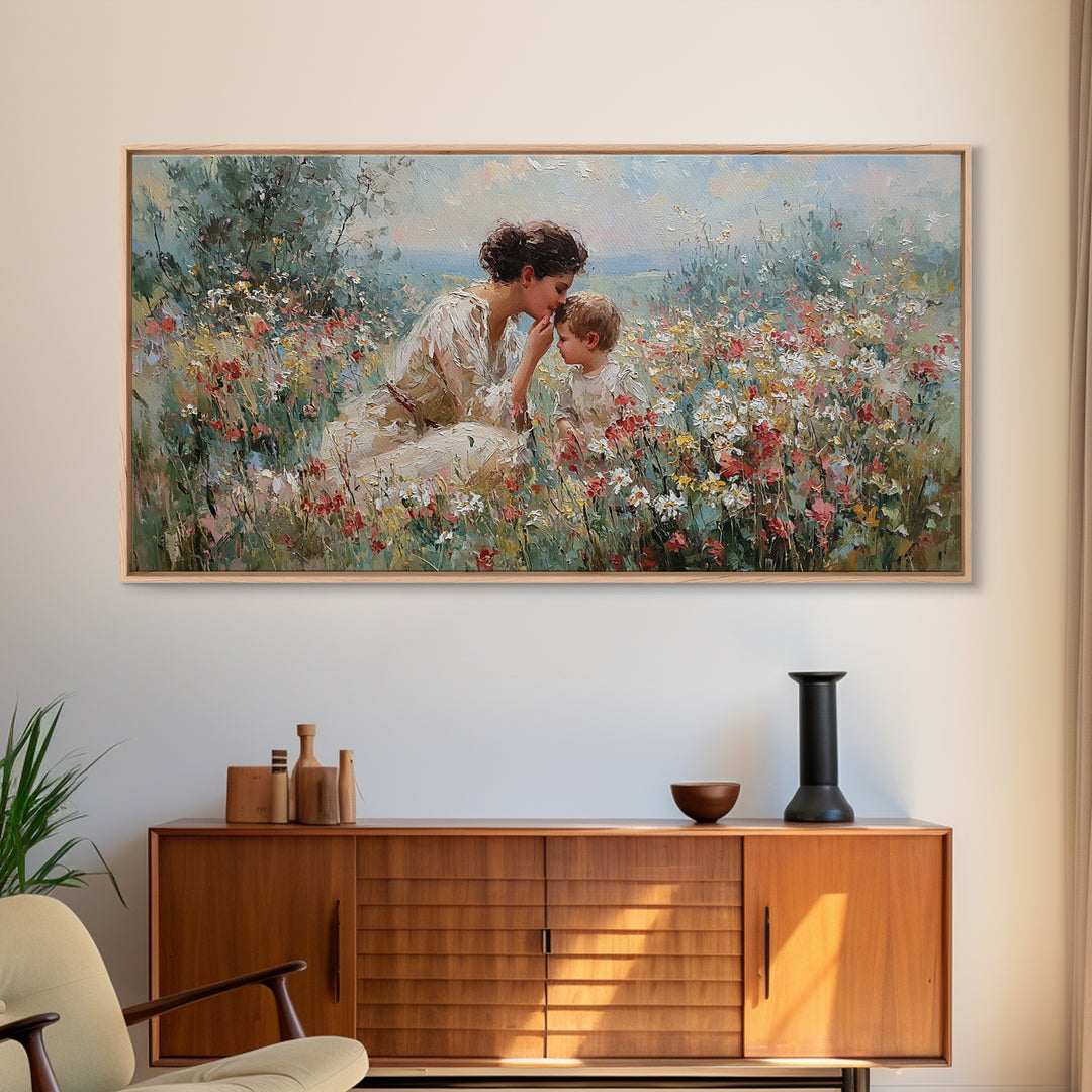 Mother And Child In Wildflower Garden Framed Canvas Print, Floral Wall Art, Christian Wall Art, Living Room Decor, Gift For Her