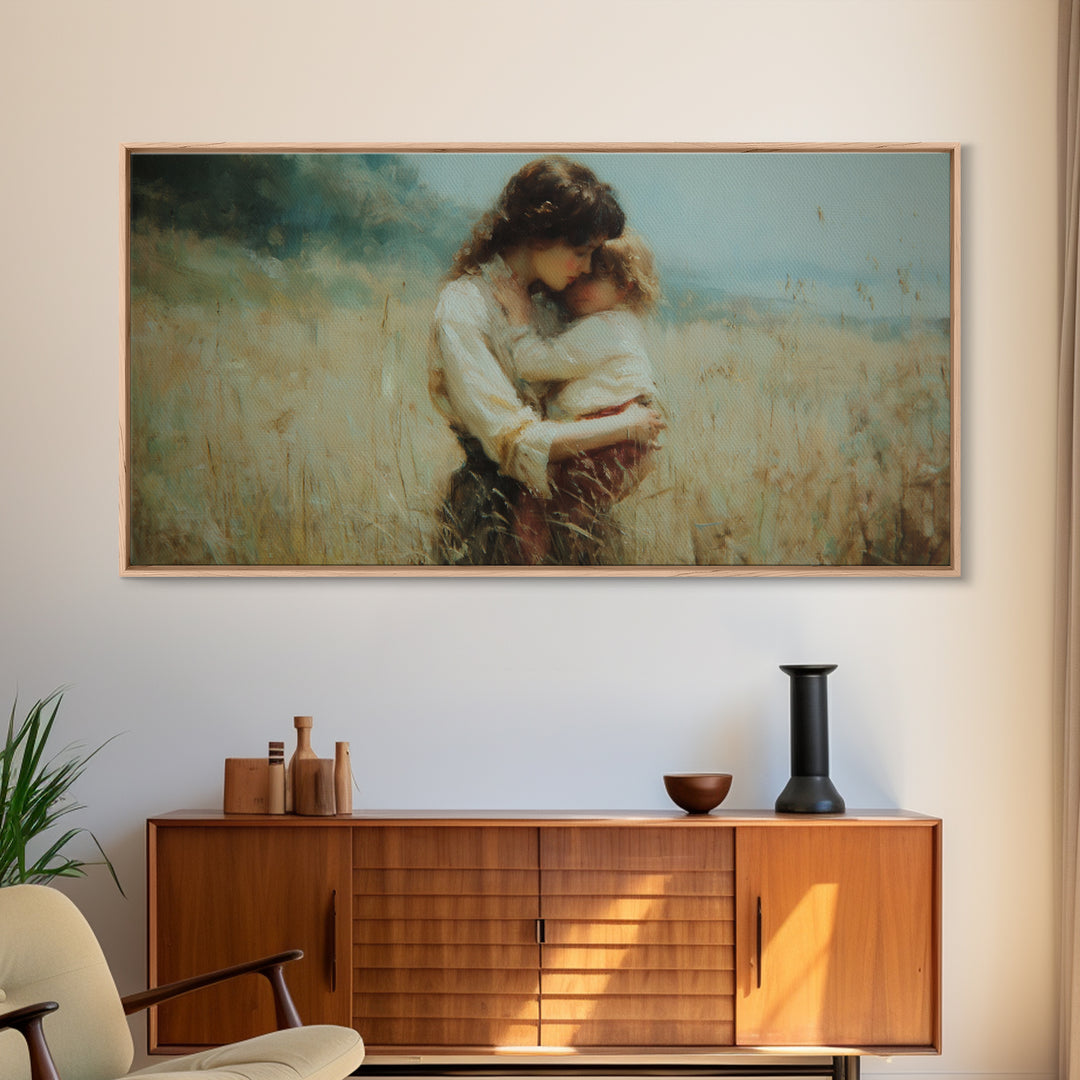 Tender Mother And Child Embrace In Golden Meadow Wall Art, Moody Impressionist Oil Painting, Neutral Bedroom Decor, Gift For Mom