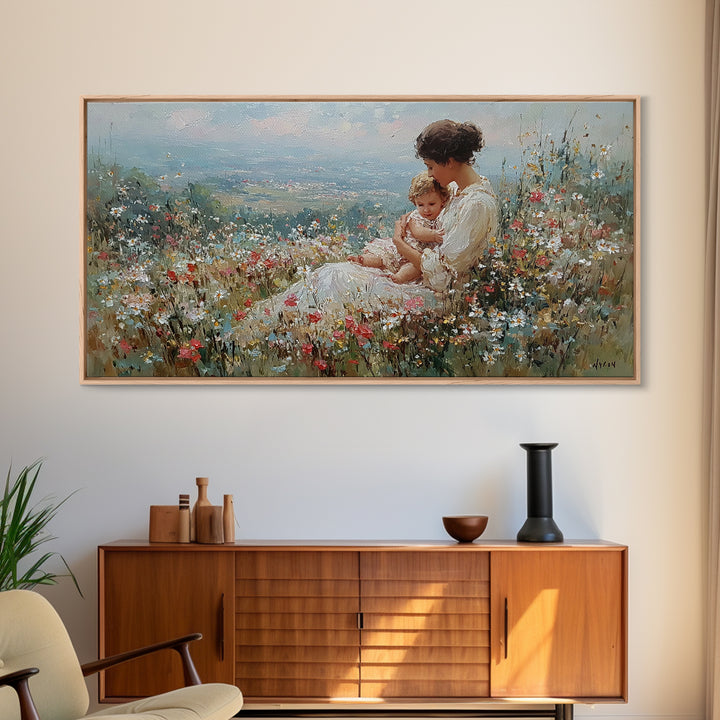 Mother Holding Baby In Wildflower Meadow Canvas Print, Impressionist Floral Landscape, Nursery Wall Art, Housewarming Gift
