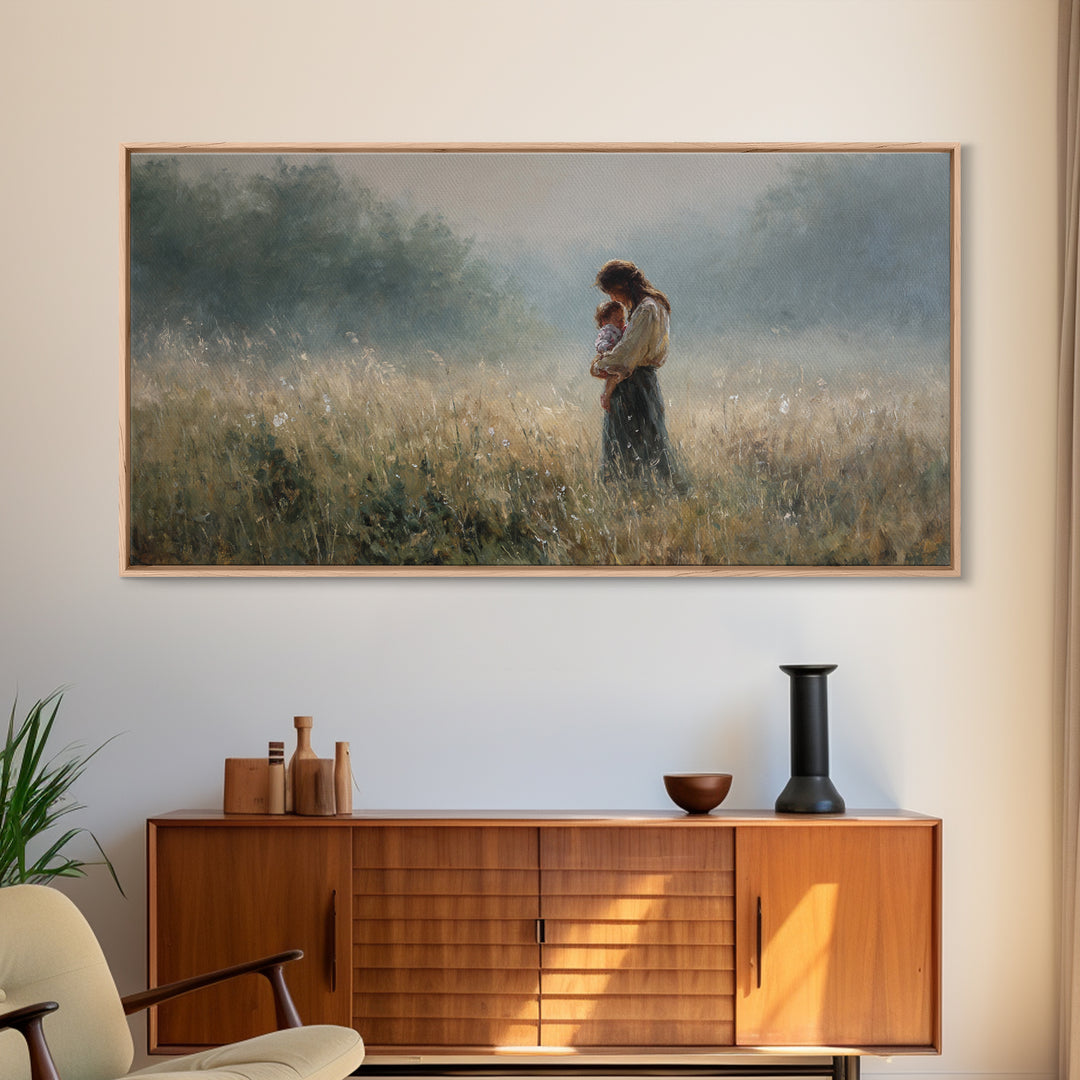 Mother And Child Standing In Misty Meadow Framed Canvas Print, Serene Landscape Painting, Neutral Wall Art, Calming Decor