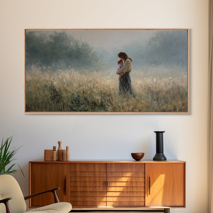 Mother And Child Standing In Misty Meadow Framed Canvas Print, Serene Landscape Painting, Neutral Wall Art, Calming Decor