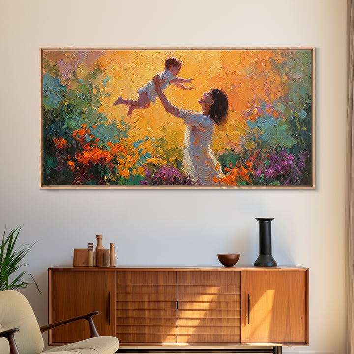 Mother Lifting Child In Glowing Sunset Garden Canvas Print, Colorful Impressionist Painting, Joyful Family Wall Art, Gift For Mom