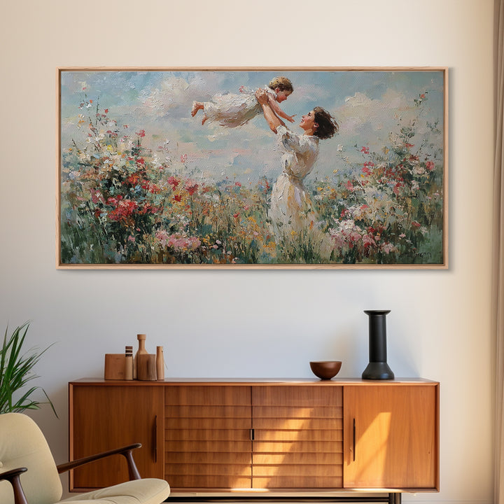 Mother Lifting Daughter Above Wildflower Garden Framed Canvas Print, Impressionist Floral Wall Art, Nursery Decor, Gift For Her