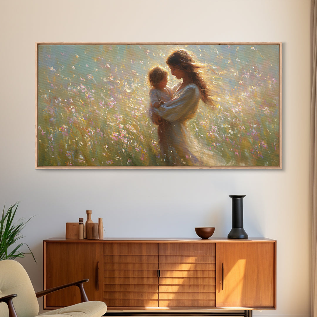 Sunlit Mother And Child In Wildflower Meadow Wall Art, Impressionist Meadow Canvas, Feminine Bedroom Decor, Gift For Mom