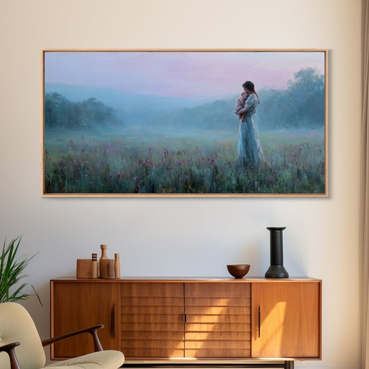 Misty Mother And Baby Meadow Wall Art, Moody Blue Landscape Canvas Print, Calming Bedroom Nursery Decor, Gift For Mom And Her