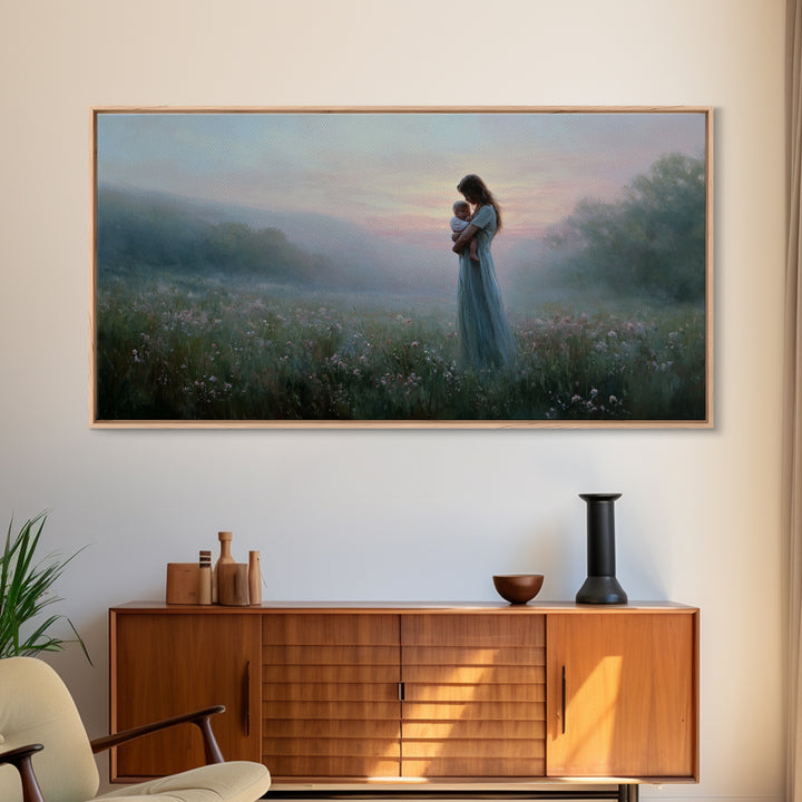 Misty Mother And Baby Meadow Wall Art, Impressionist Wildflower Landscape Print, Serene Nursery Decor, Gift For Mom, Home Decor