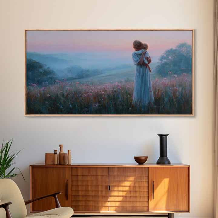 Mother Holding Baby At Pink Dusk Canvas Print, Misty Wildflower Meadow Wall Art, Nursery Decor, Gift For Mom, Serene Bedroom Decor
