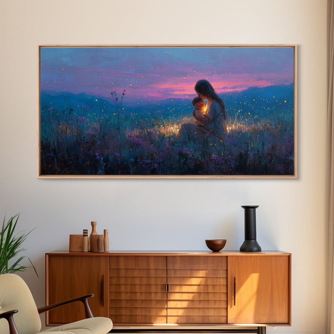Moonlit Mother And Baby Firefly Wall Art, Celestial Wildflower Meadow Canvas Print, Magical Nursery Decor, Gift For Mom, Home Decor