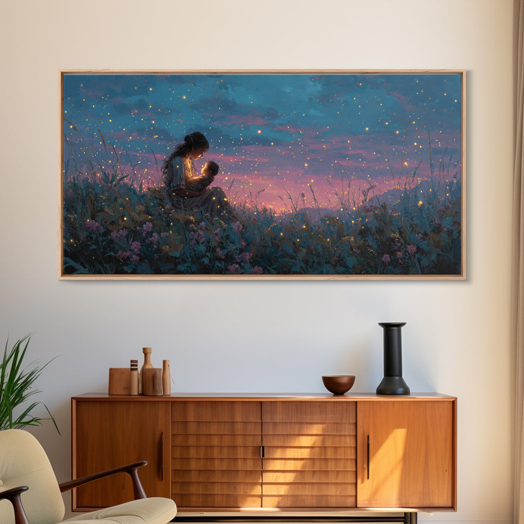 Starlit Mother Nursing Baby Meadow Wall Art, Firefly Night Landscape Canvas Print, Celestial Nursery Decor, Gift For Mom