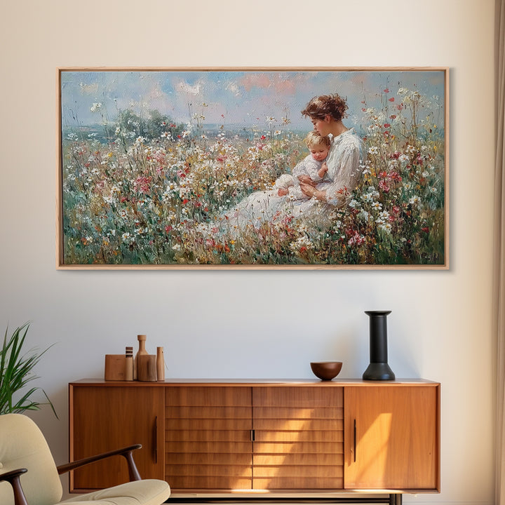Mother And Baby In Coastal Wildflower Meadow Wall Art, Impressionist Framed Canvas Print, Nursery Decor, Gift For Mom, Home Decor