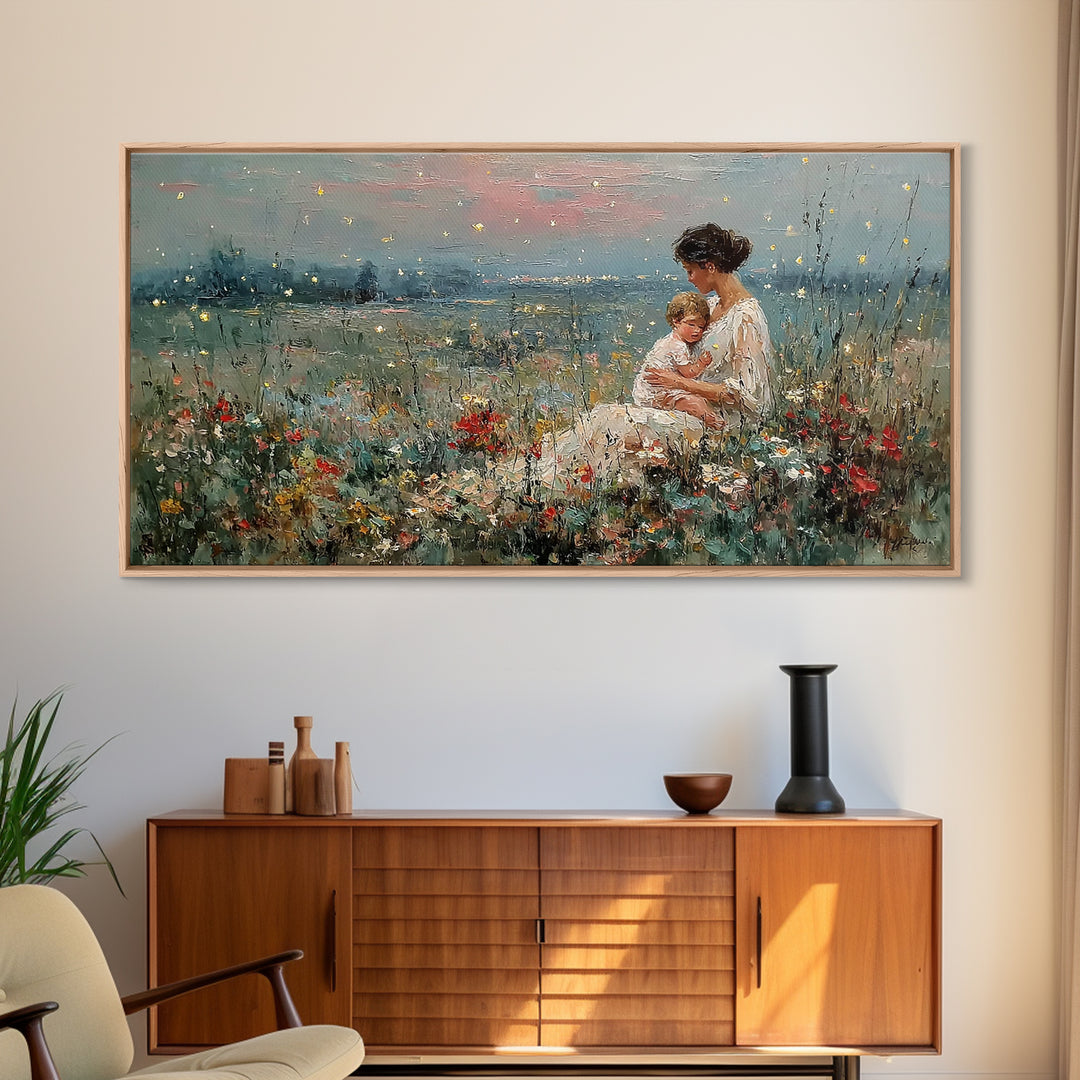 Golden Firefly Mother And Baby Meadow Canvas Print, Serene Lakeside Wall Art, Impressionist Nursery Decor, Gift For Mom, Home Decor