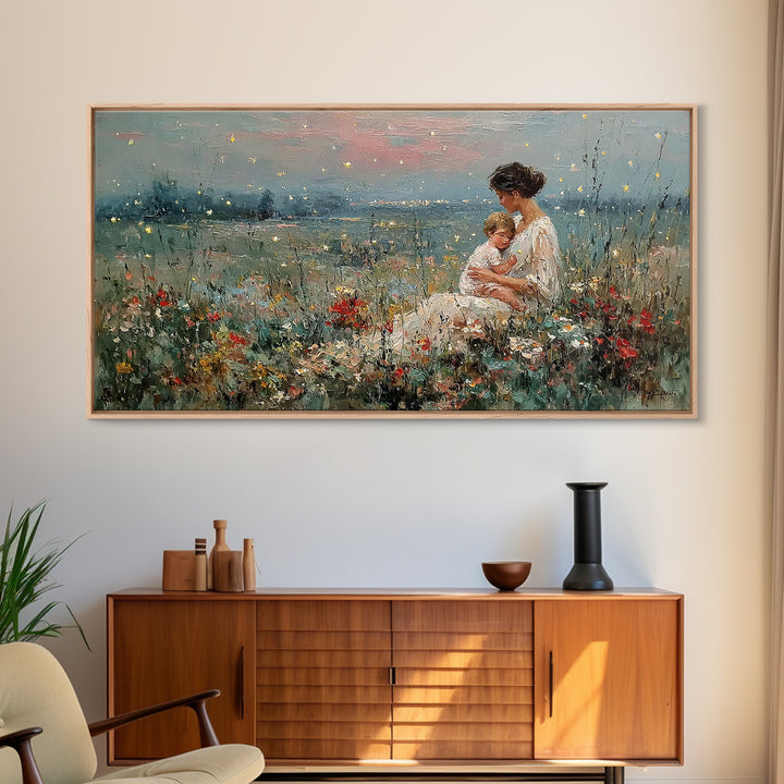 Golden Firefly Mother And Baby Meadow Canvas Print, Serene Lakeside Wall Art, Impressionist Nursery Decor, Gift For Mom, Home Decor