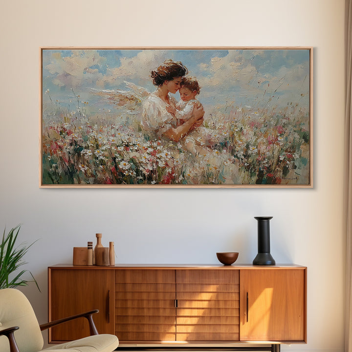 Mother Embracing Child In Daisy Meadow Framed Canvas Print, Impressionist Floral Wall Art, Nursery Decor, Gift For Mom, Home Decor