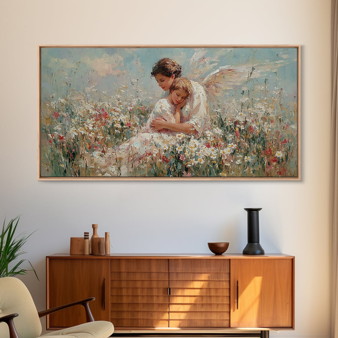 Guardian Angel And Child In Wildflower Meadow Framed Canvas Print, Christian Nursery Wall Art, Motherhood Gift Home Decor