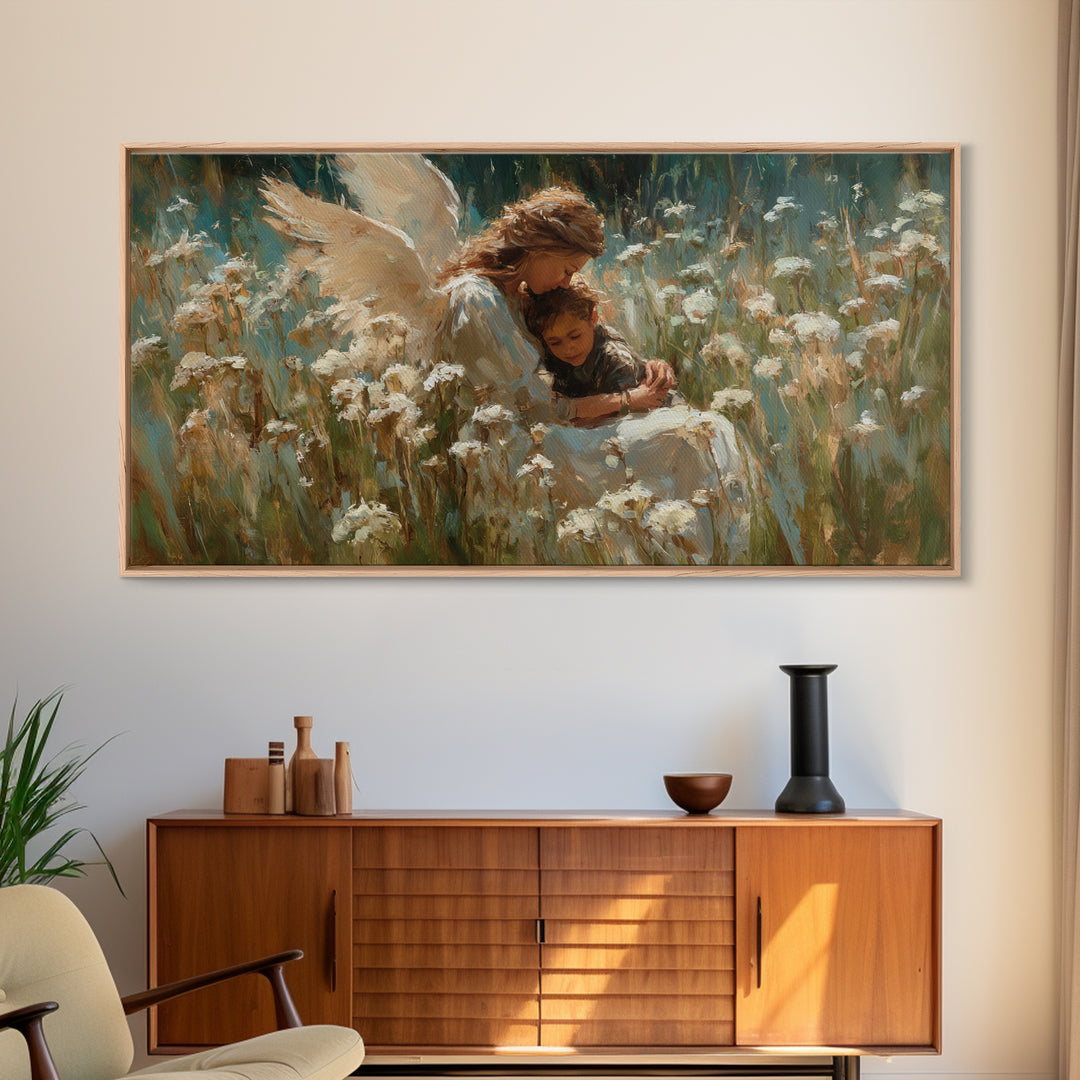 Protective Angel Embracing Child In White Flower Field Framed Canvas Print, Christian Wall Art, Nursery Decor Housewarming Gift