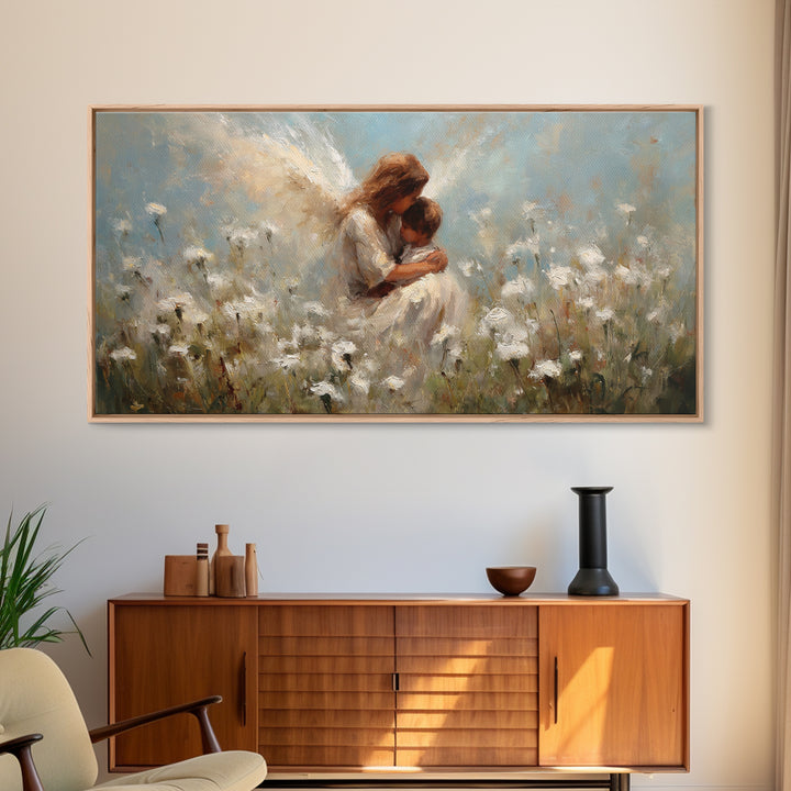 Tender Angel Holding Baby In White Wildflower Meadow Canvas Print, Christian Wall Art, Nursery Home Decor, Motherhood Gift