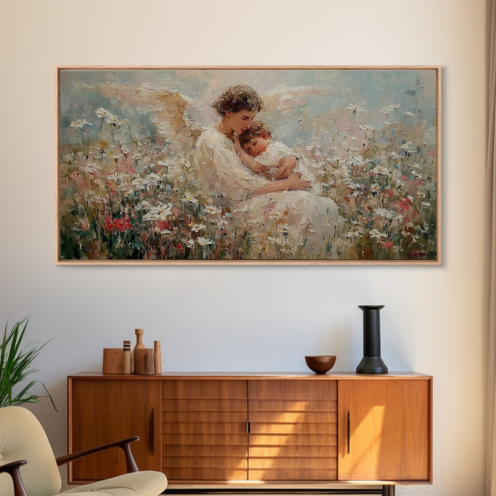 Seated Guardian Angel Cradling Sleeping Baby In Floral Meadow Wall Art, Christian Nursery Decor, Motherhood Gift For Her